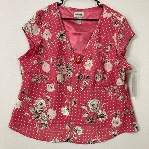 New Vintage Unique Spectrum Pink V Neck Polka Dot Floral Top size 2X